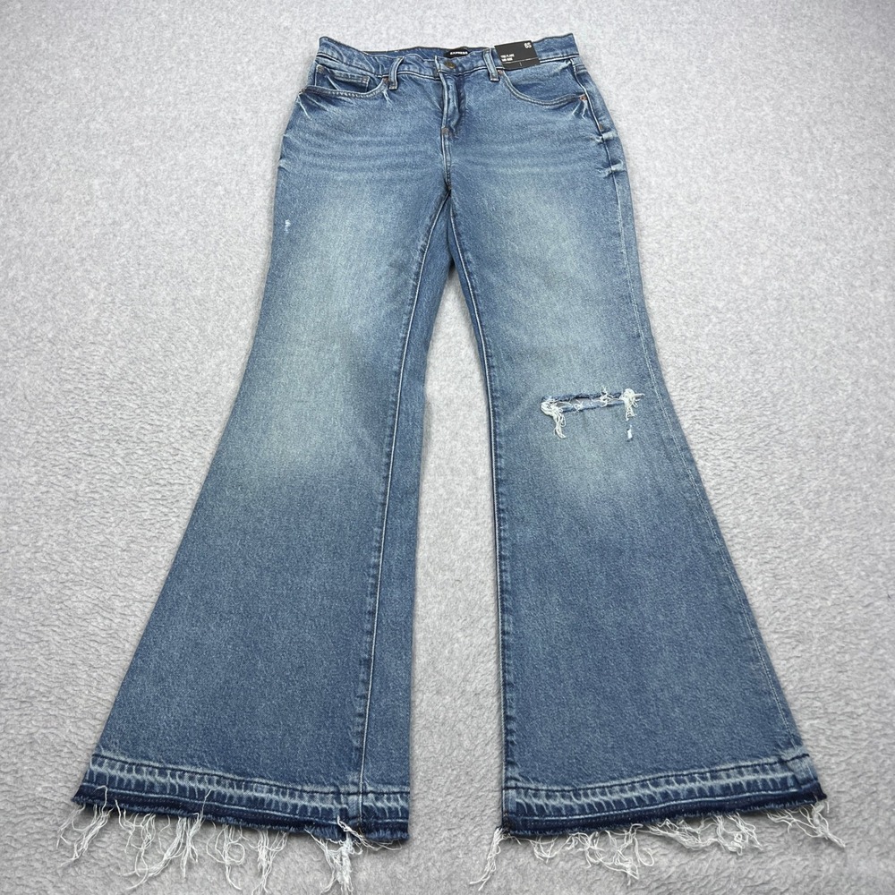 NEW Express 70s‎ Flare Jeans Womens 6S Blue Stretch Distressed Mid Rise Raw Hem